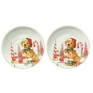 Southern Living Christmas Santa Paws Golden Retriever Stoneware Salad Plates 2